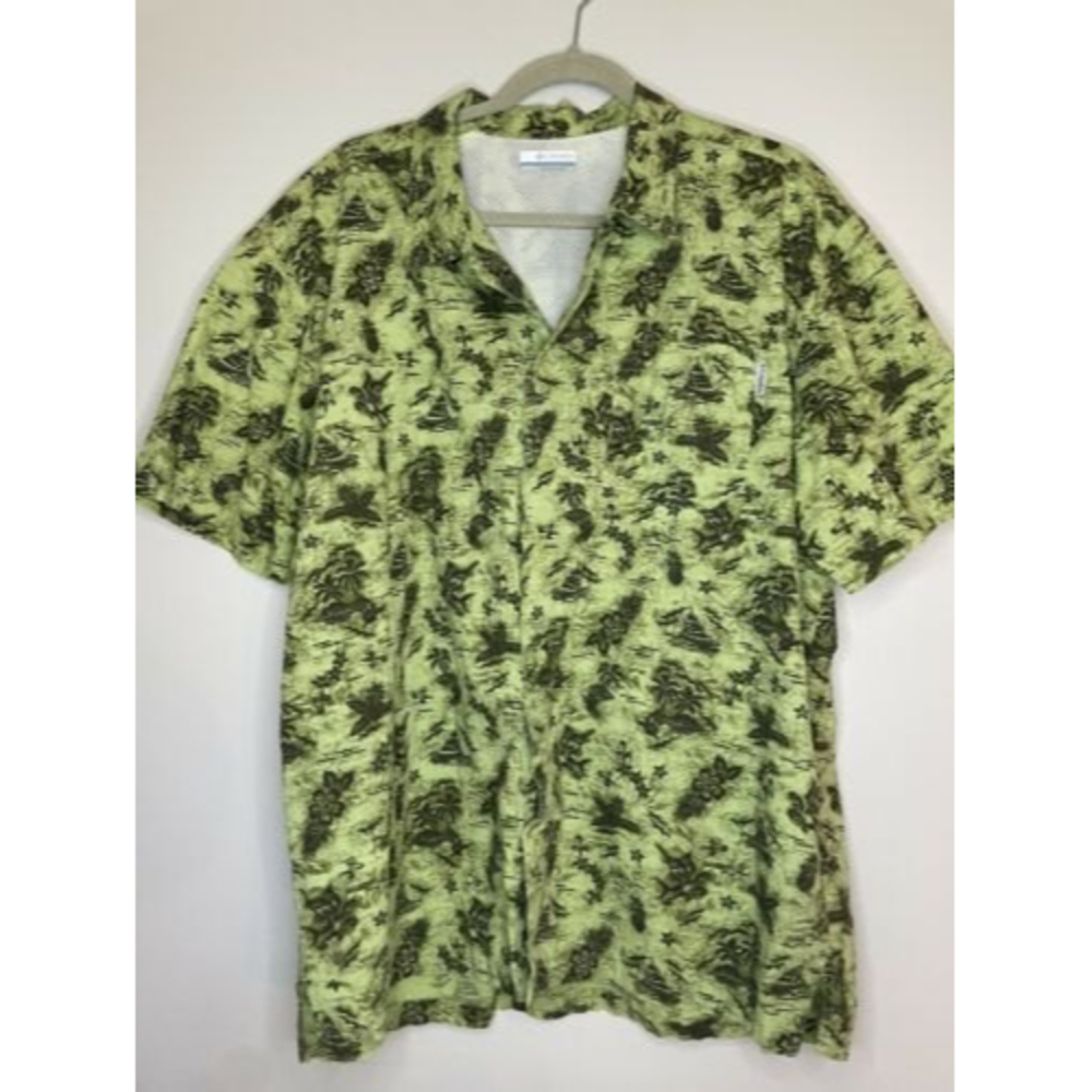 Columbia PFG Green Patterned Hawaiian Fishing Shirt Vented Back Large